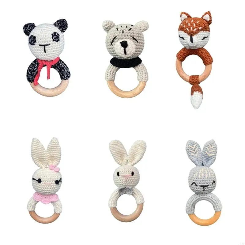 

C5AF Wooden Teething Ring Rattle Baby Rattles Crochet Rattle Toy Soothing Toy