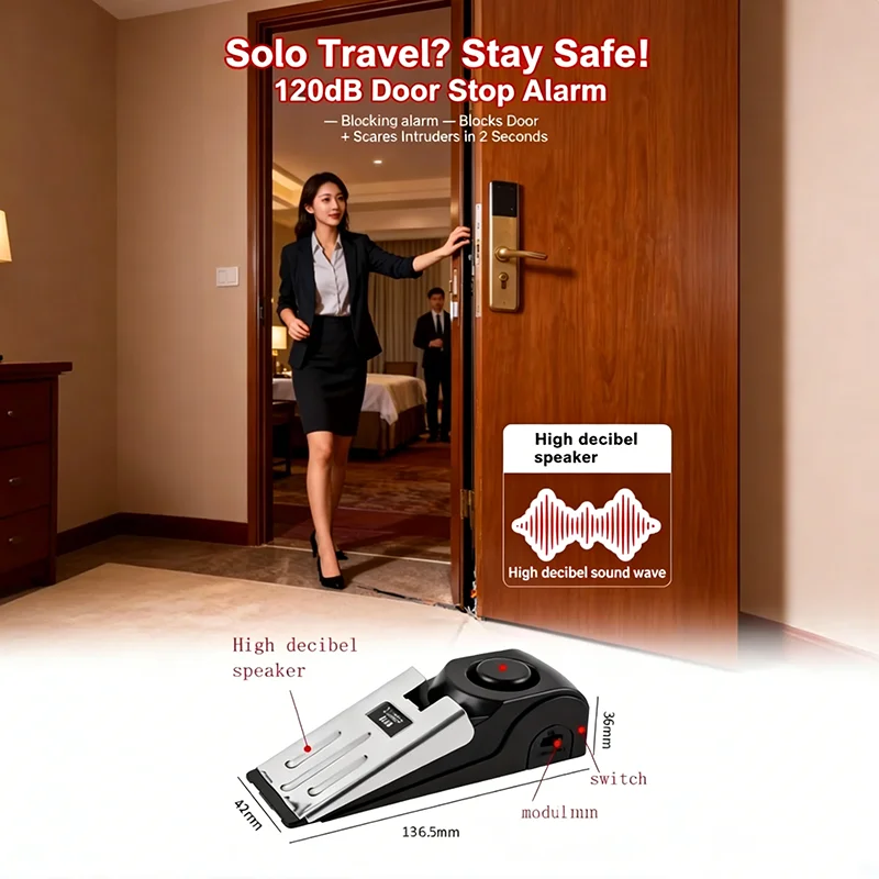 

Безопасная дверная стоп-сигнализация с двойным защитным физическим блоком + громкая сирена для женщин, ночная безопасность одного путешественника!