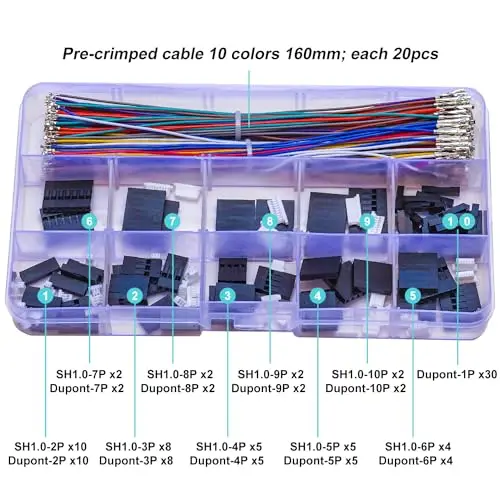 Connecteur SH1.0 à Dupont 2.54 JST Kit de connecteur Dupont JST-SH câble 1.0mm et Dupont 2.54mm 1/2/3/4/5/6/7/8/9/10P (SH-to-Dupont)