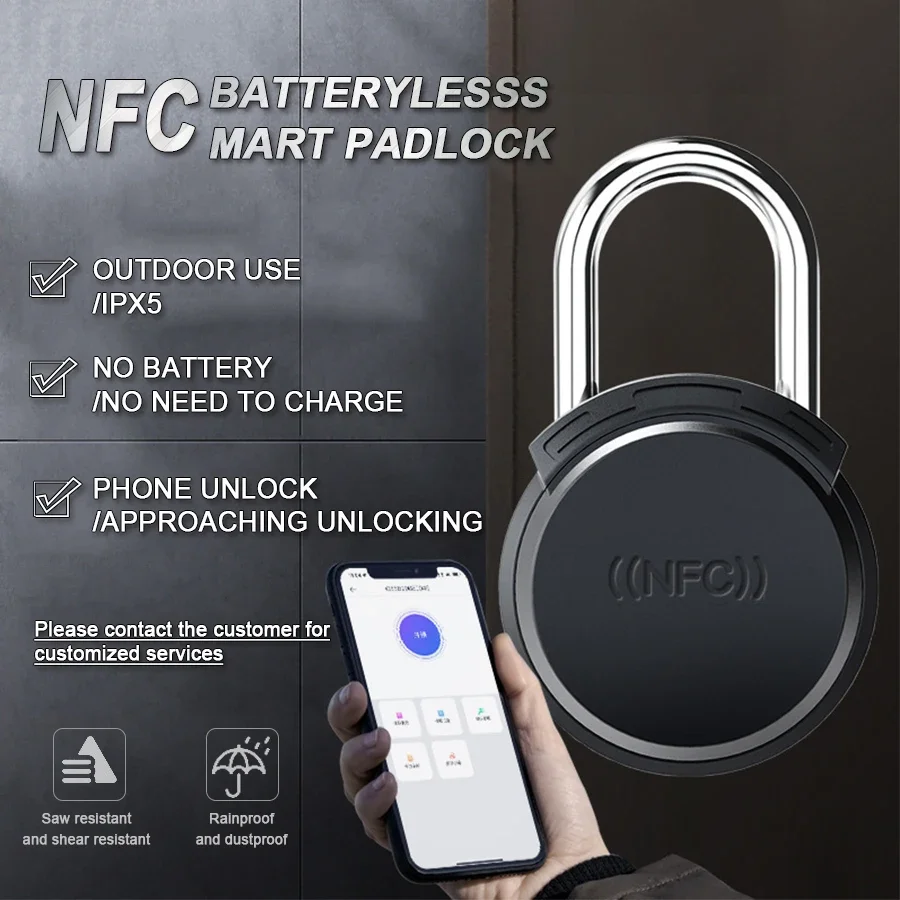 Nfc Battery-free Passive Padlock IPX5 Waterproof IP55 Record Management System Operation App Remote Authoriz Smart Padlocks