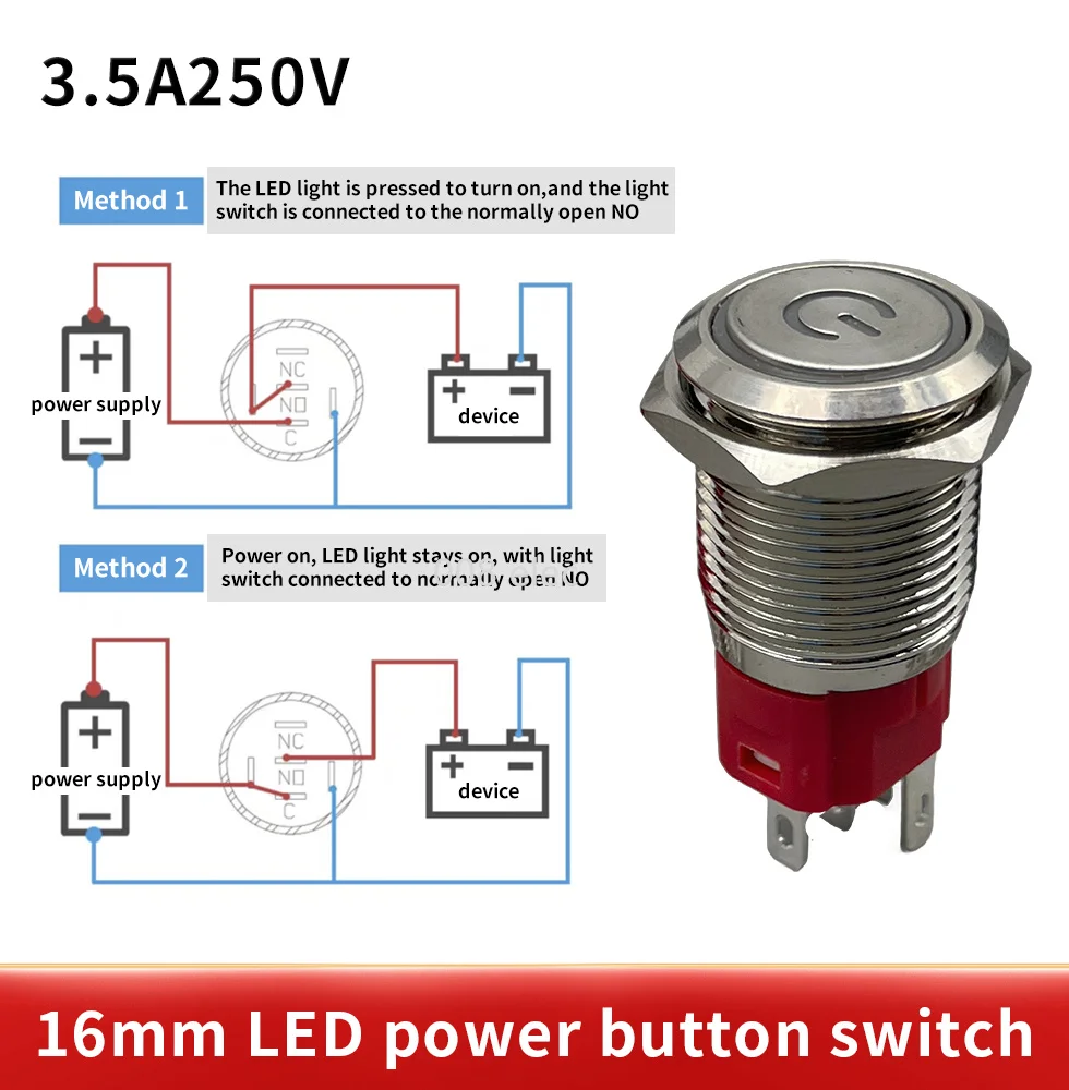 12/16/19/22mm Metal buttonself reset inching circular switch self-locking with lamp power supply start waterproof 12V 110V 22