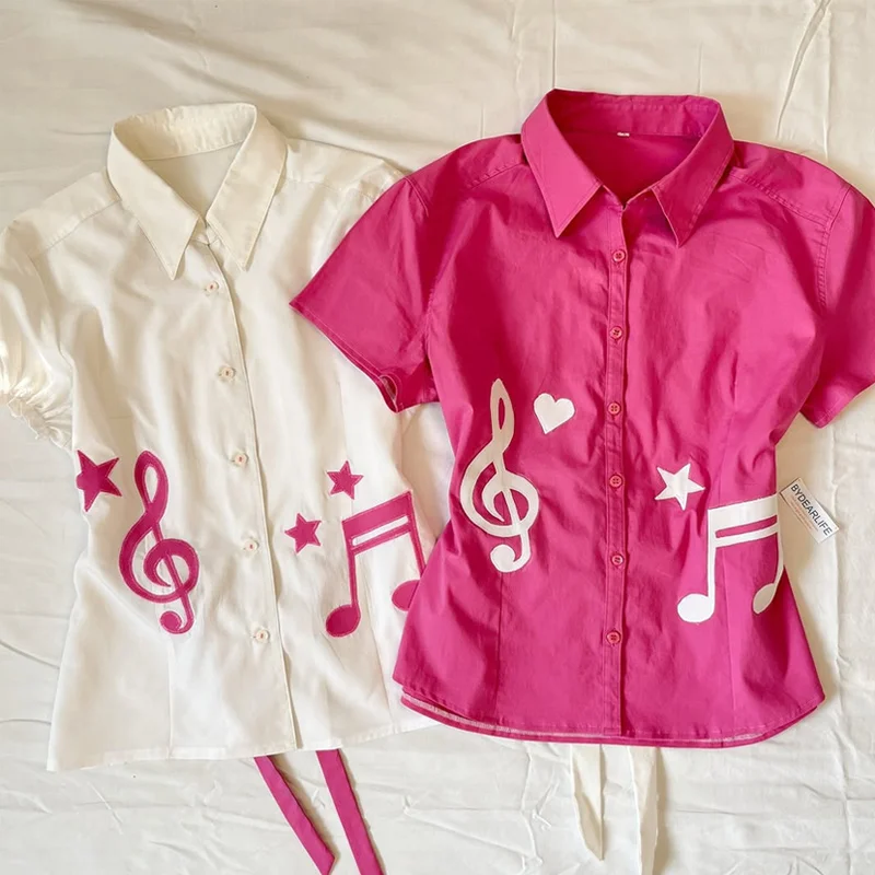 Summer Preppy Retro White Star and Note Embroidered Shirt Women's Bubble Sleeve Button Neck Shirt y2k T-shirt