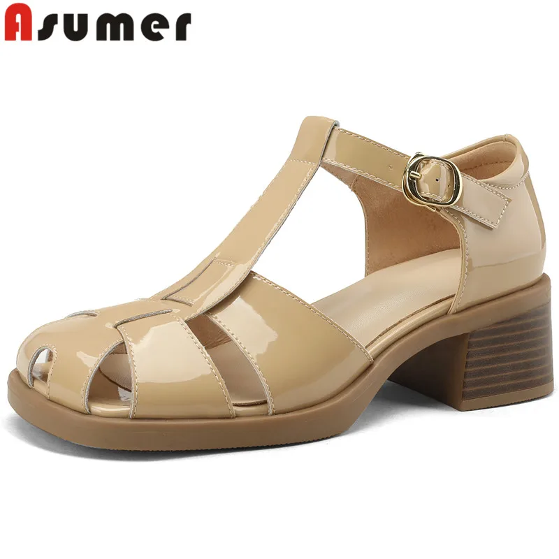 

ASUMER 2024 New Genuine Leather Dress Shoes Ladies Gladiator Slingbacks Summer Shoes Square Med Heels Platform Sandals