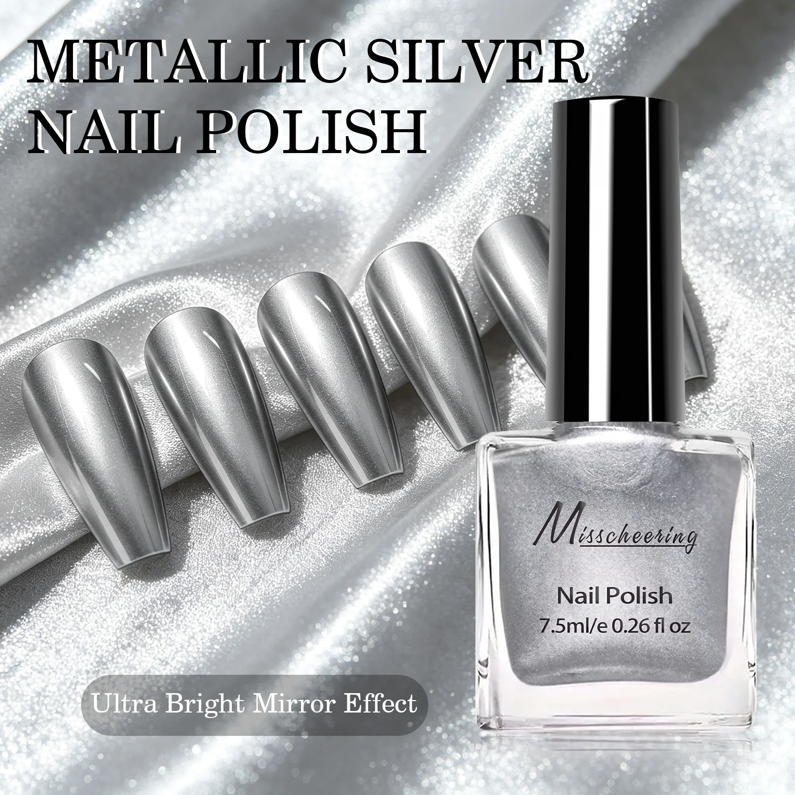 7.5ml Metallic Silver Mirror Nail Polish Super Shine Chrome Mirror Effect Nail Art Varnish Quick Dry Long Lasting DIY Manicure