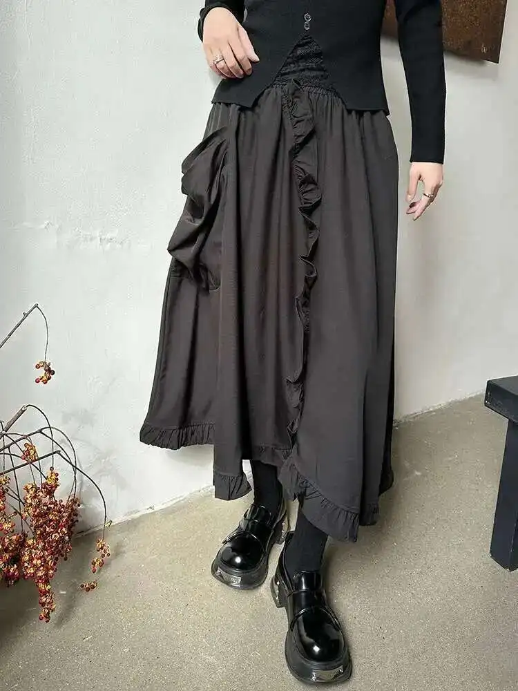 High Elastic Waist Black Ruffles Irregular Pocket A-line Half-body Skirt Women Fashion Tide New Spring Autumn