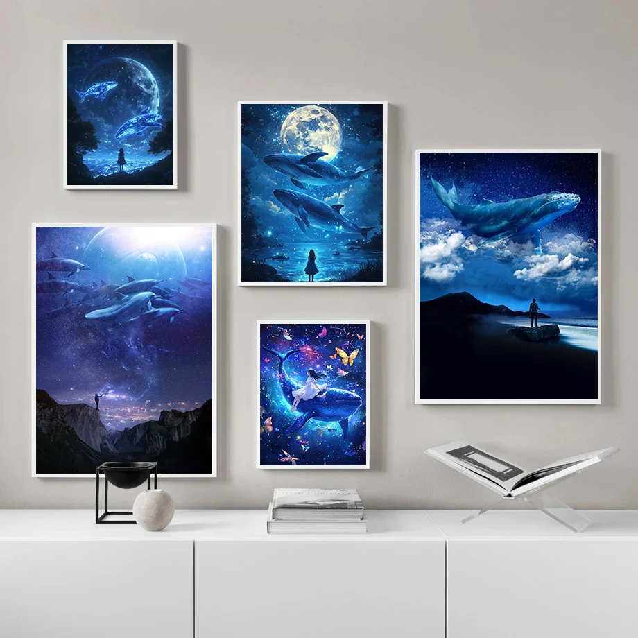 (1PC Unframe)Dreamy Whale Posters Magical Serene Night Surreal Surrounded By Stars Prints Canvas Painting Art Wall Pictures Home