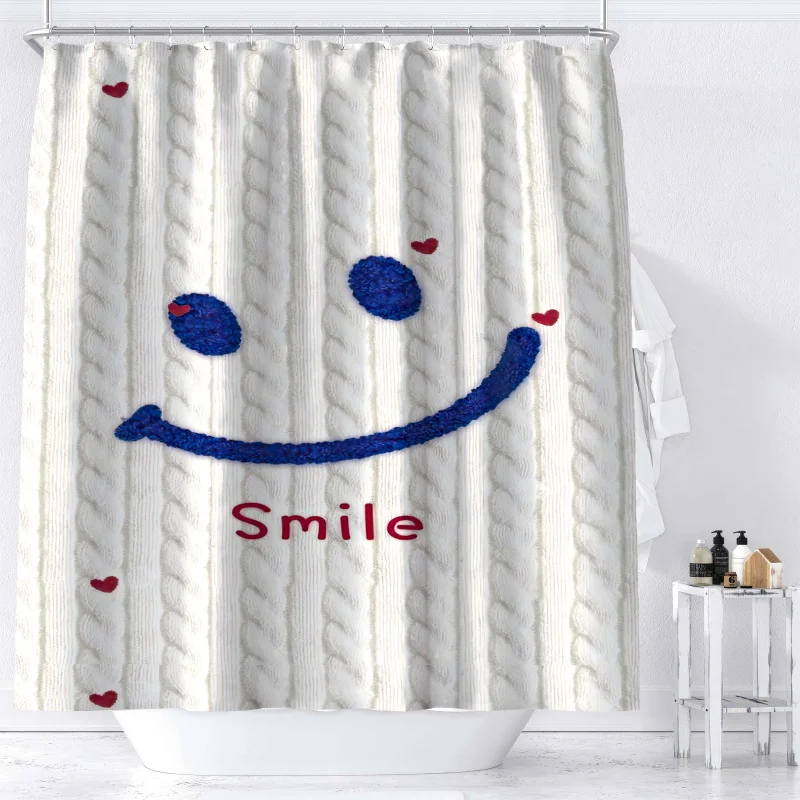 YWJHUI White Knitted Sweater Pattern Shower Curtain with Smile Design, Water-Resistant Polyester Fabric, Machine Washable, Inclu