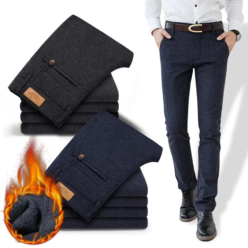 

Winter 2024 New Men's Warm Casual Pants Classic Style Business Fashion Thicken Slim Fit Fleece Trousers Black Blue Brand Clothes