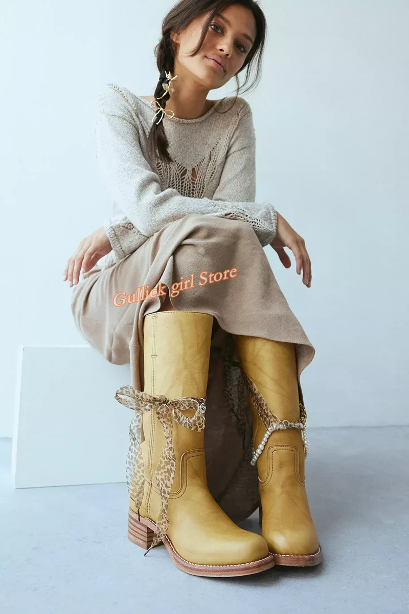 

Block Heel Knee High Boots Western Slip On Leather Runway Handmade 2026 Winter Autumn Dress Shoes Square Toe Solid Shoes