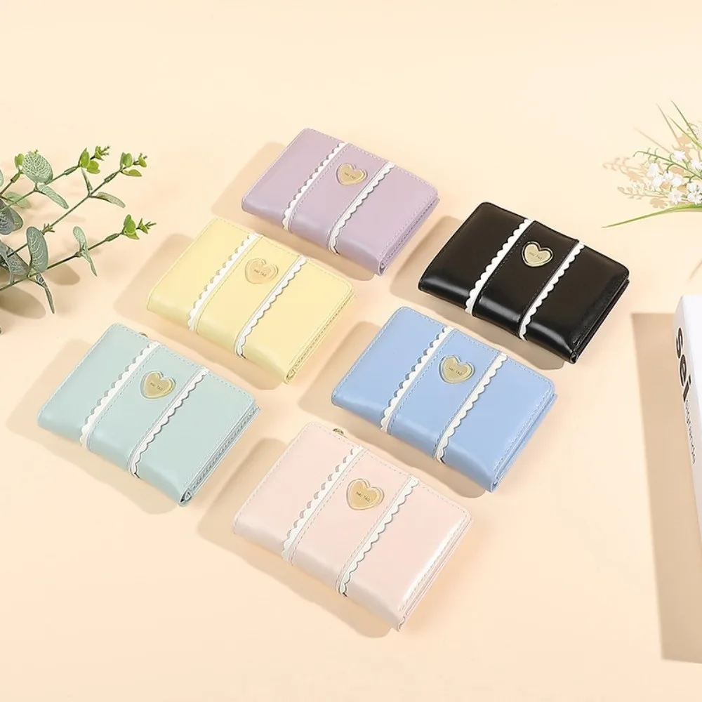 

Elegant Women Short Wallet Pu Leather Candy Color Biofold Business Purse Love Heart Waterproof Bank/ID/Credit Card Holder Woman