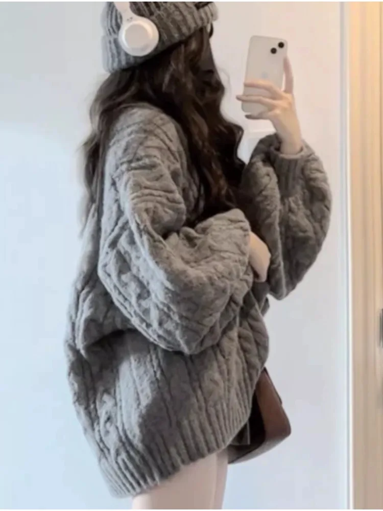 Long Loose Sweater Women's High End V Neck Gray Cable Knit Sweater Spring Loose Retro Lantern Sleeve Knitwear Lazy Style