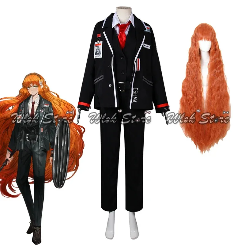 

Limbus Company Ishmael Cosplay Uniform Coat Shirt Pants Tie Suit Woman 120cm Orange Curly Halloween Party Carnival Costume Wig