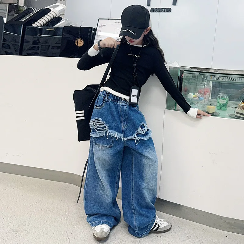 Girls Pants 2024 Autumn New Childrens Wear Korean Style Girl Baby Foreign Style Wild Edge Wide Leg Jeans Casual Simple Tide image 3