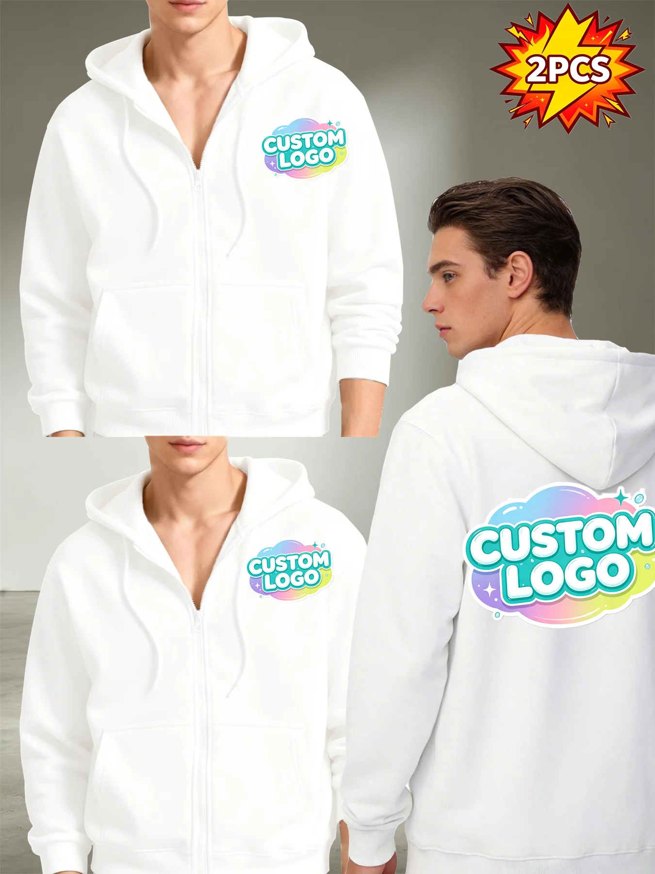2pcs Hooded Sweatshirt Set for Men, Custom Front Graphic - Ideal for Custom Couple Photos / Portrait Photos / Team Logos / Work