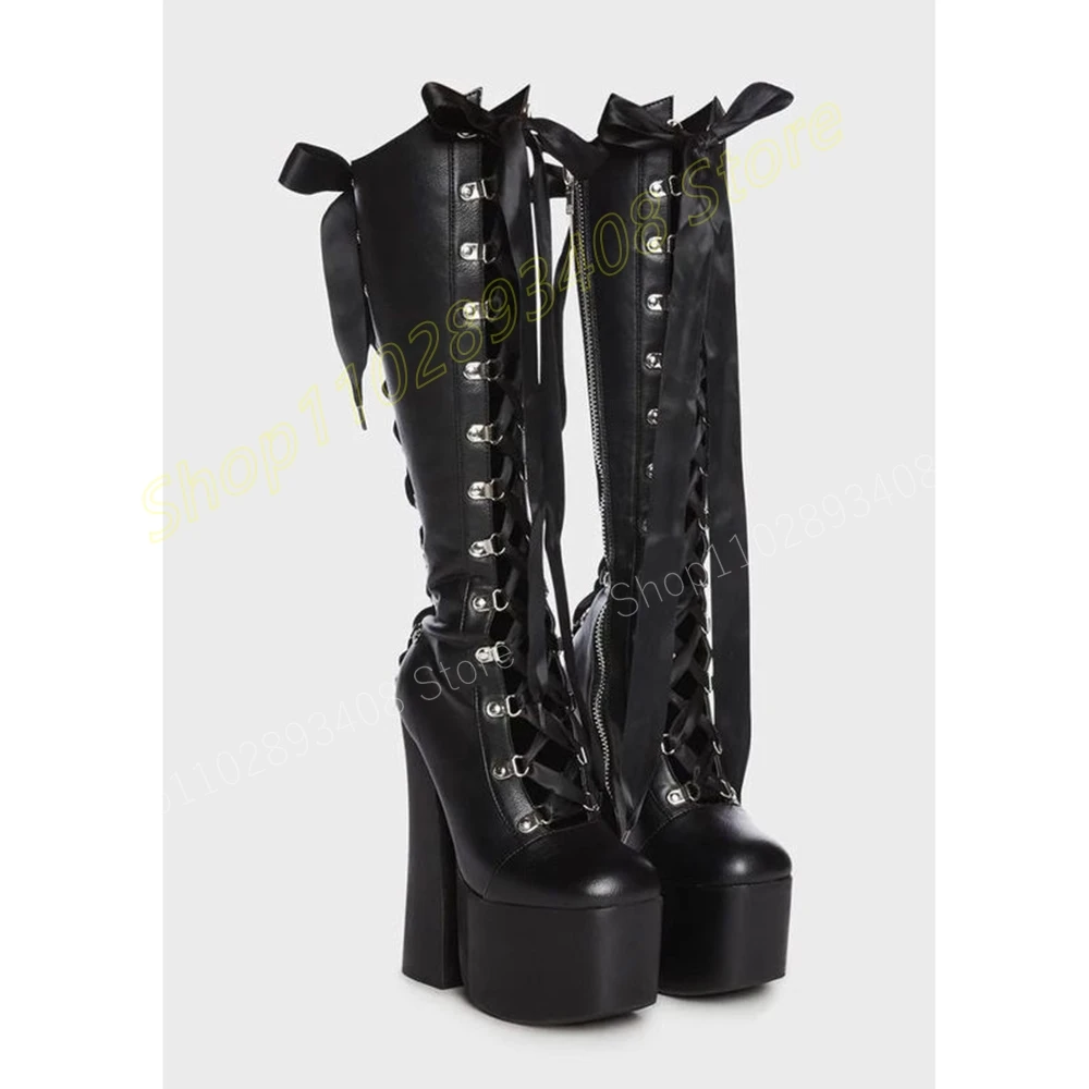 

Lace up Cross Tied Platform Knee High Boots Side Zipper Round Toe Chunky High Heel Sexy Women Shoes 2024 Zapatos Para Mujere