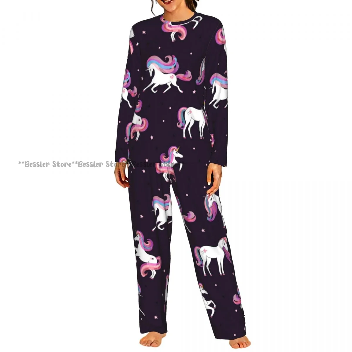 Ladies Soft Pajamas Set Beautiful Unicorns Round Neck Long Sleeve Long Pants Casual Loose Homewear
