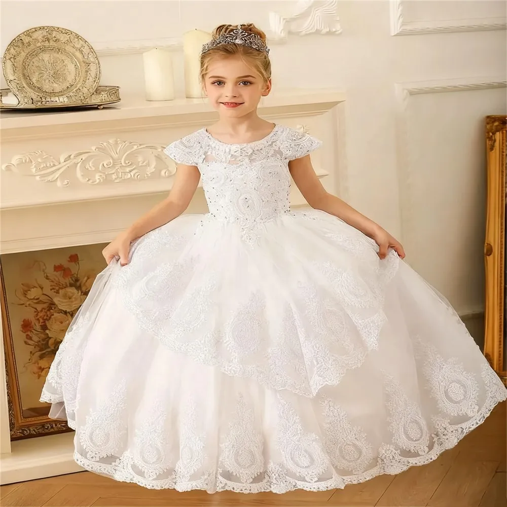 

Customized Elegant Flower Girl Wedding Dress Appliques Lace Sequined Tiered Puffy Princess Birthday Party First Communion Gown