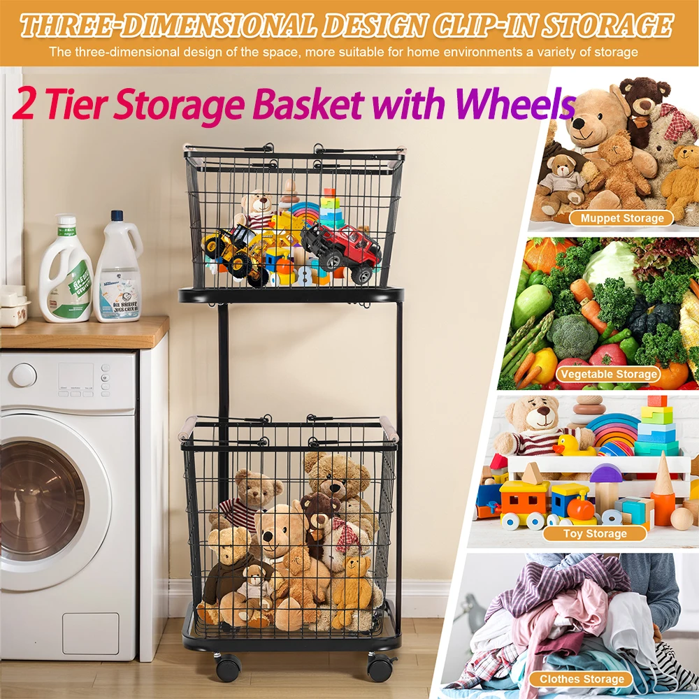

2 Tier Metal Storage Cart with Wheels Wire Laundry Hamper Cart Laundry Clothes Basket for Laundry Room Bathroom Bedroom