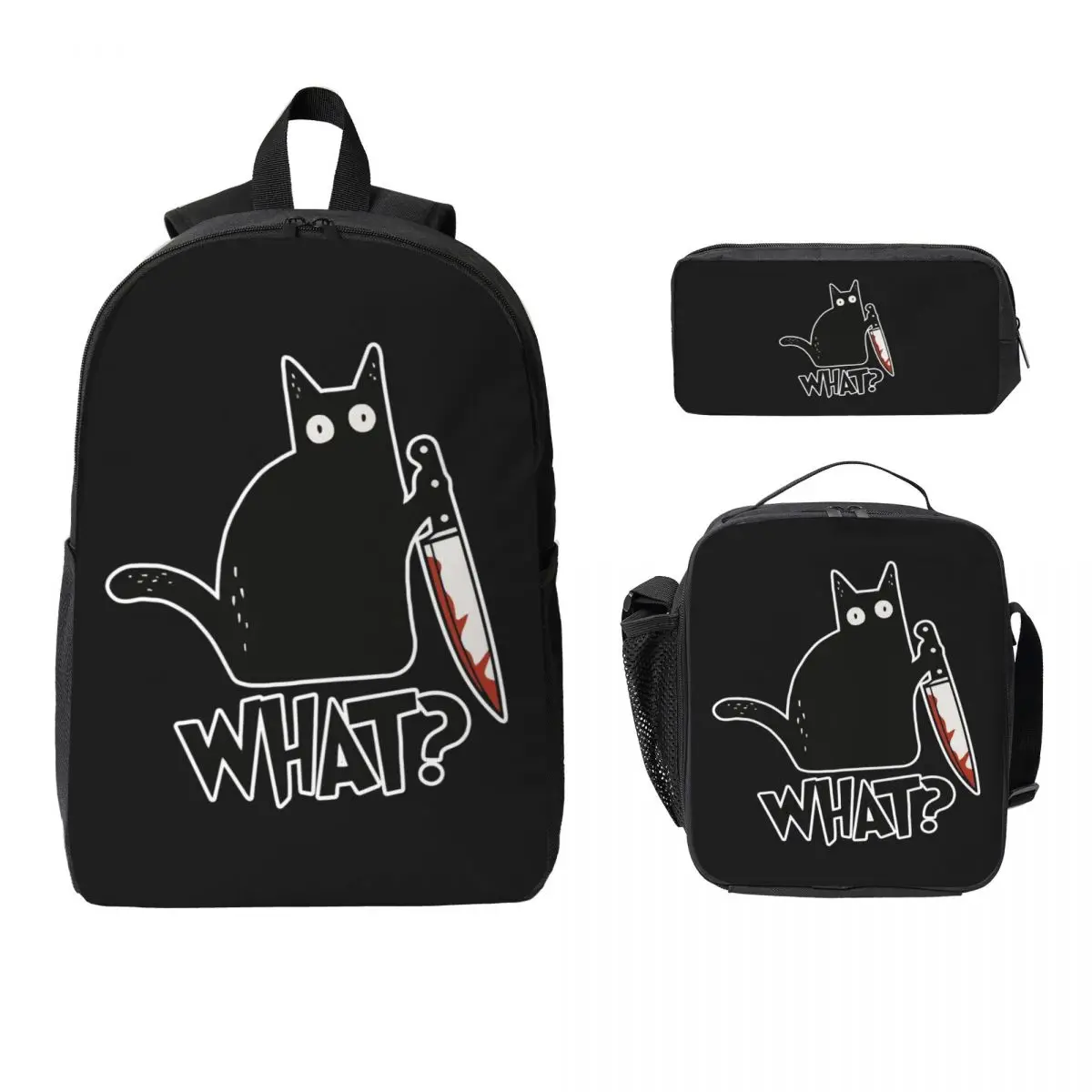 

Рюкзак премиум-класса Cat What Murderus Black Cat With Knife, школьная сумка для мальчиков и девочек, 3 шт., изолированная сумка для обеда, пенал