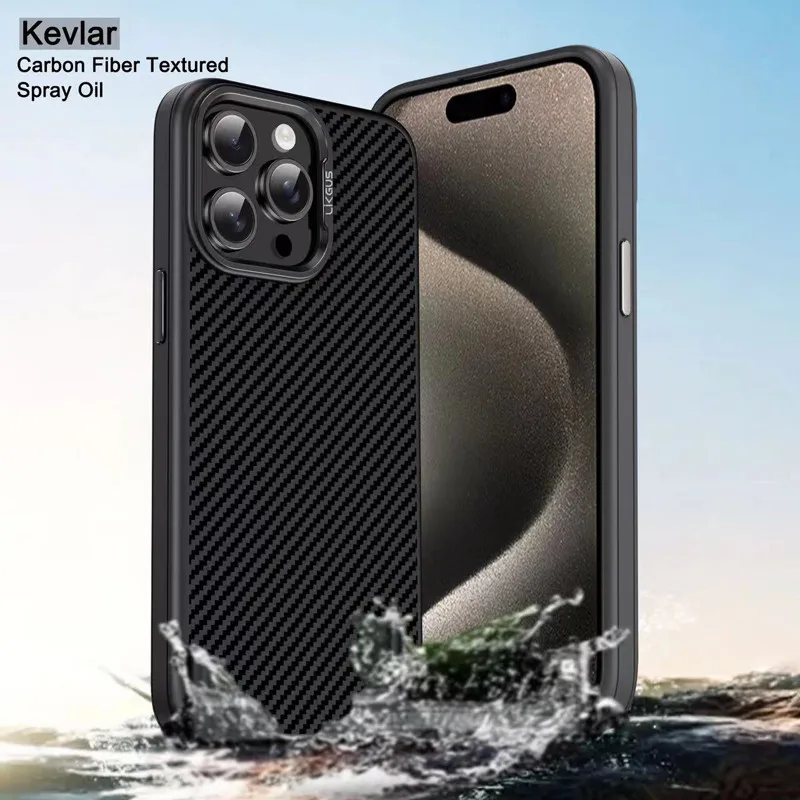 For iPhone 15 Pro Max Case Good Quality Kevlar Carbon Fiber Pattern Hard PC Metal Camera Protection Phone Cover