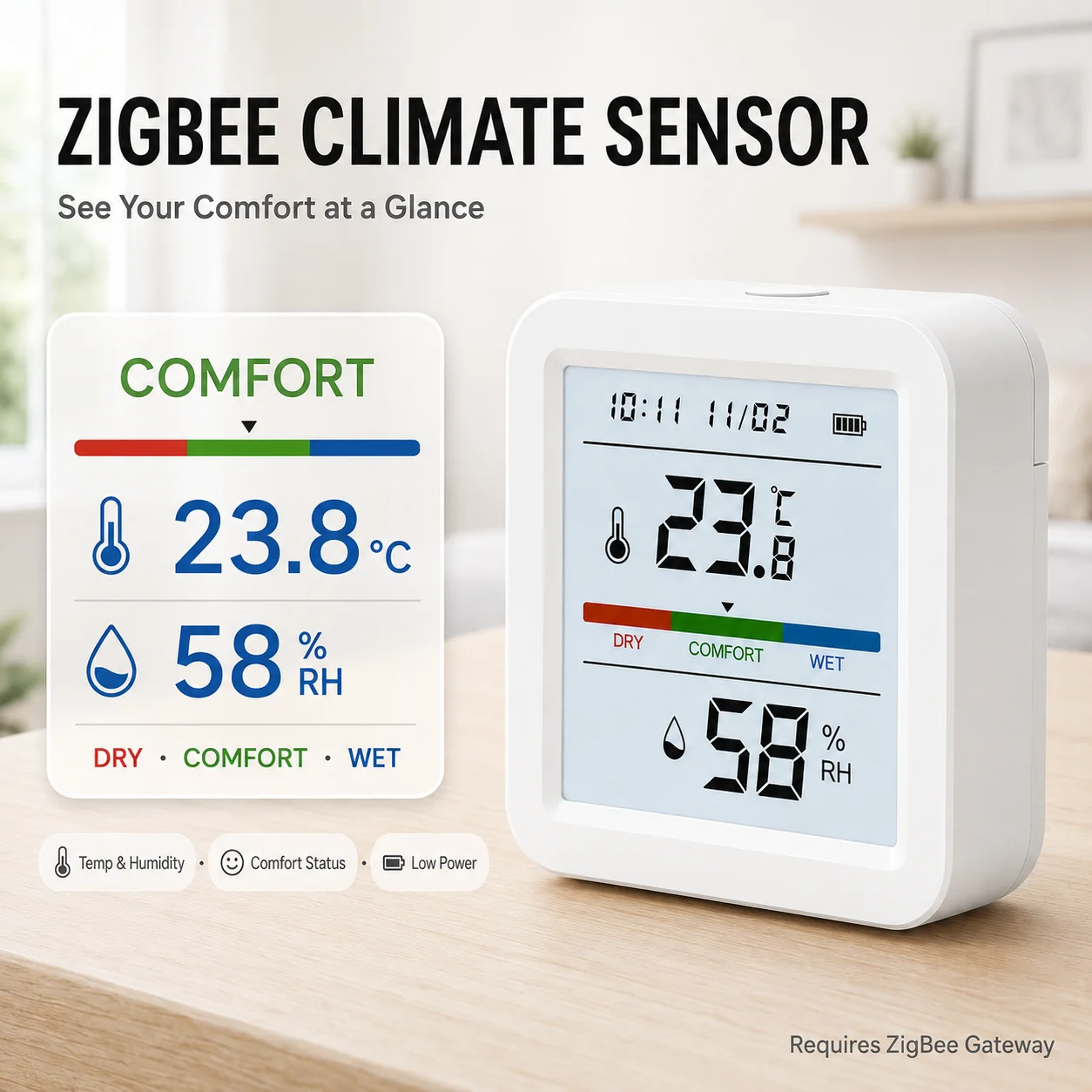 Tuya ZigBee Temperature Humidity Sensor LCD Display Indoor Thermometer Hygrometer Smart Life APP Remote Monitor Gateway Required