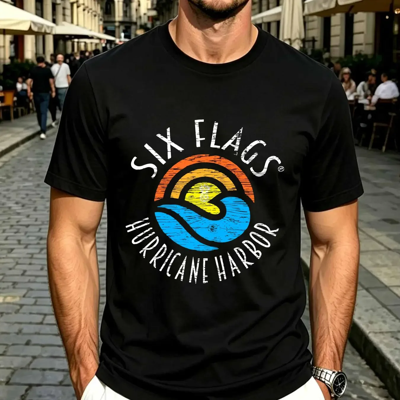 washed T Shirt Six Flags Men Small Blue Hurricane Harbor Theme Park long or short sleeves vintage Washed Casual fashion