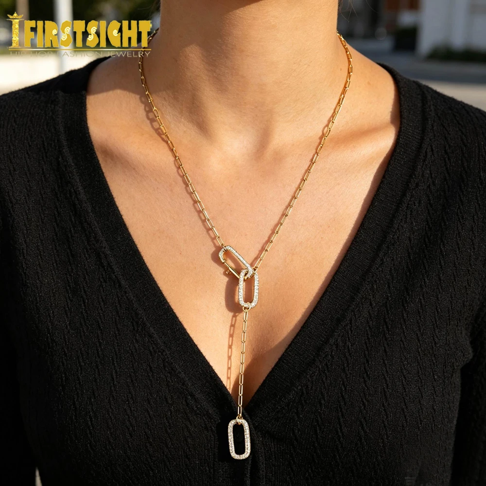 Paper Clip Shape Micro Paved Bling Shiny Zircon Y Lariat Necklace Silver Color Fashion Wedding Engagement Jewelry For Women