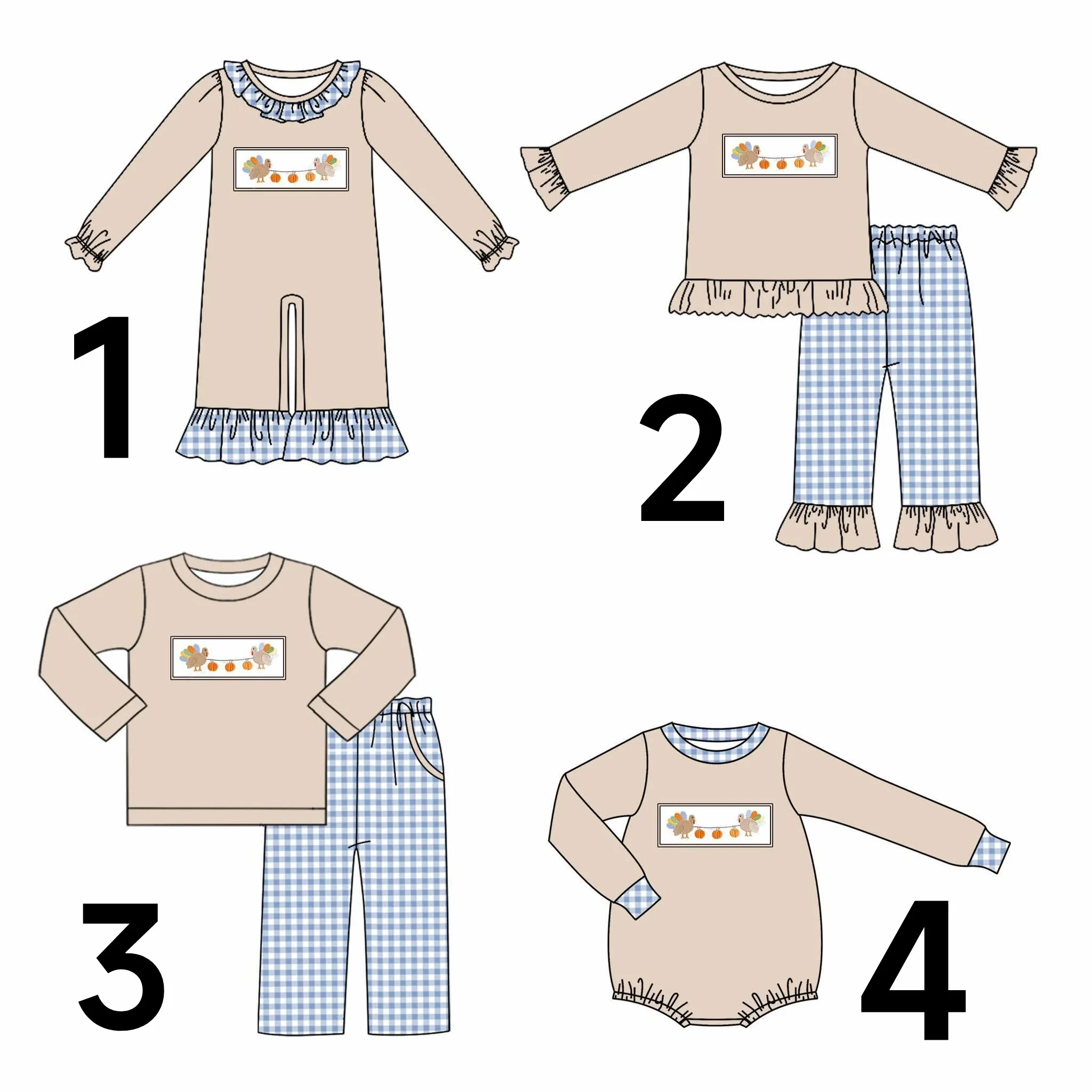 

New children's clothes Thanksgiving suit turkey pumpkin print long sleeves trousers plaid print toddler holiday milk silk