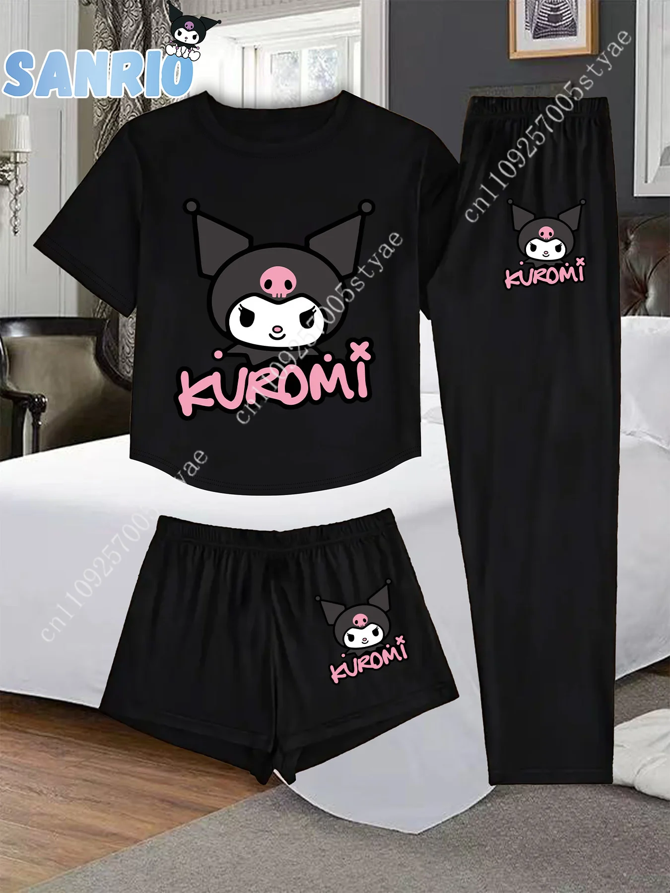 

A Three-Piece Women'S Loungewear Set Featuring Cartoon Kuromi Prints, Cosplay Comfortable Sleepwear for Home