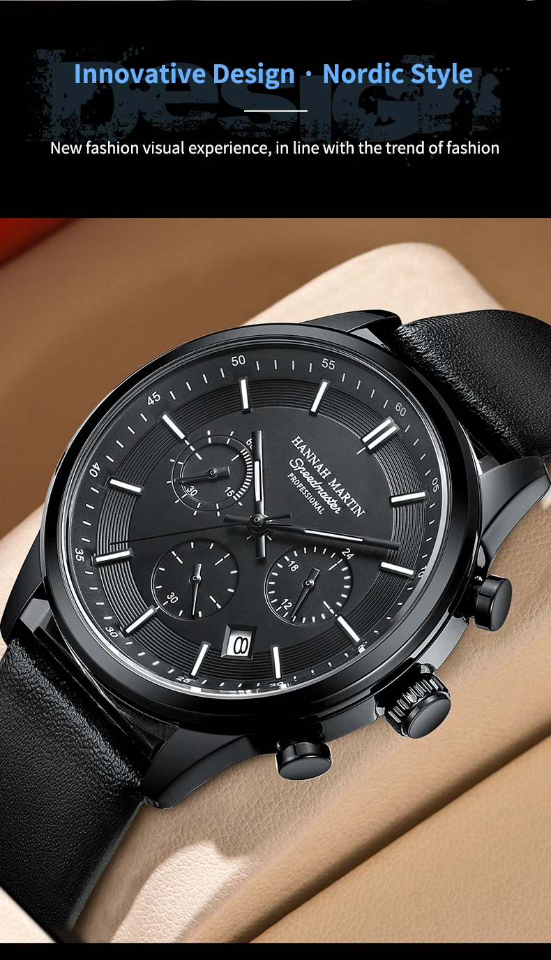 Hannah Martin Marke Herrenuhr Multifunktionales Timing-Zifferblatt Casual Sport Leder Original Quarzwerk Business-Armbanduhr für Herren – Detail 1