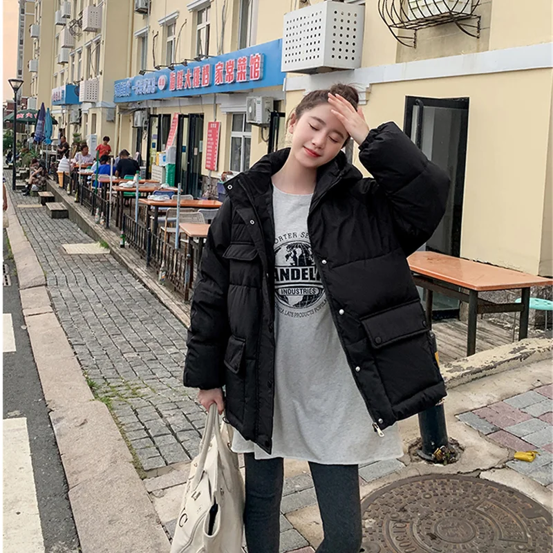 Women\'s Clothing Down Jacket White Short Hooded Outerwear Korean Fashion Harajuku Style Casual Winter New Warm Fleece Tops