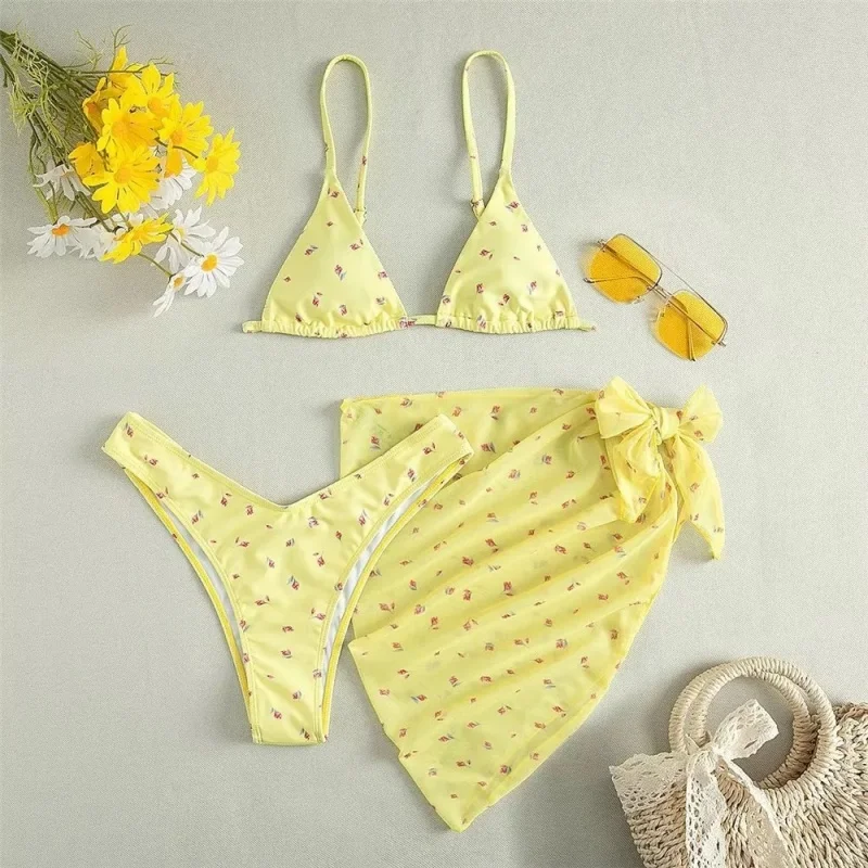 Sexy Floral Printing 3 Piece Bikini Set Women Split Triangle Swimsuit Bandage Mesh Cover Up Swimwear 2025 New Vacation Beachwear
