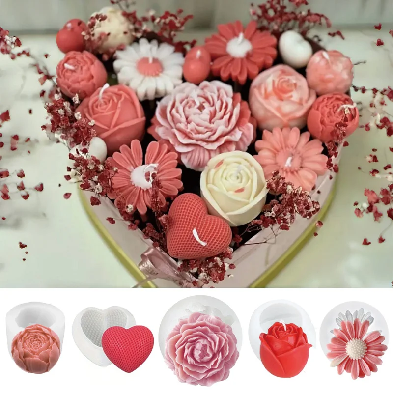 5-teiliges Individuelles Blumen-Kerzenformen-Set |   Rose, Gänseblümchen, Pfingstrose, herzförmiges Design |   3D-Silikonform, geeignet für Duftkerzen und Han-Kerzen.