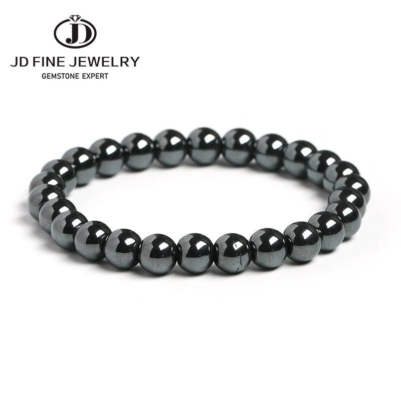 JD Natural Black Hematite Stone Bracelets Men Women Round Beads Charm Chakra Yoga Energy Strand Bangles Wristband Jewelry