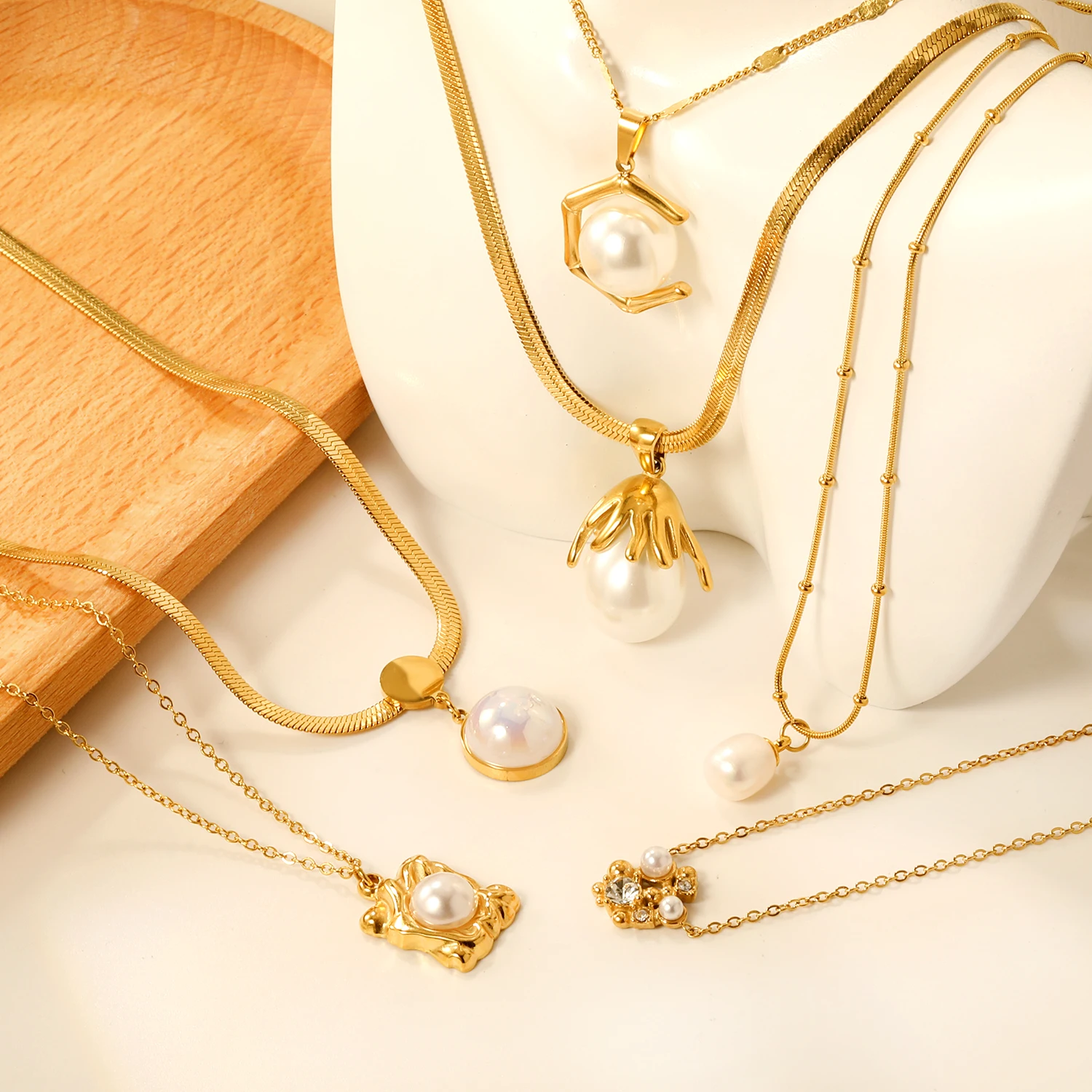 ASONSTEEL Simple White Imitation Pearl Pendant Necklace Gold Plated For Women Girl Stainless Steel Chain Jewelry Gifts Choker