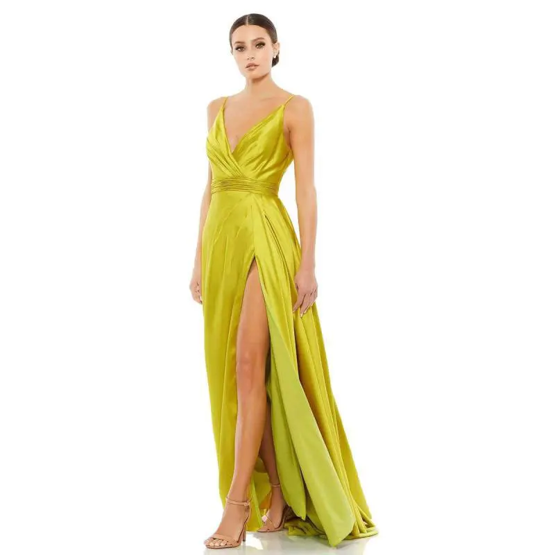 

Customized Simple Evening Dresses Elastic Satin V-neck A-line Floor length Formal Women's Dress Spaghetti Strap Party Ball Dress