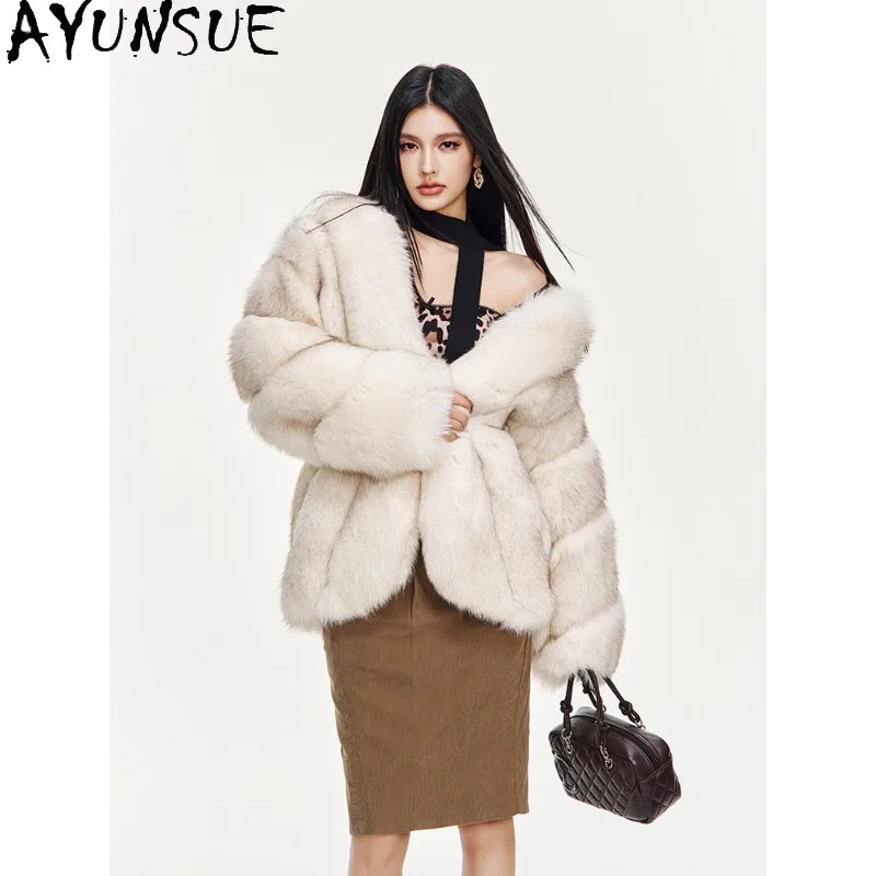 AYUNSUE 리얼 폭스 퍼 코트 여성용 따뜻한 겨울 퍼 재킷 긴 소매 탑 스타일리시 퍼 코트 럭셔리 여성 의류