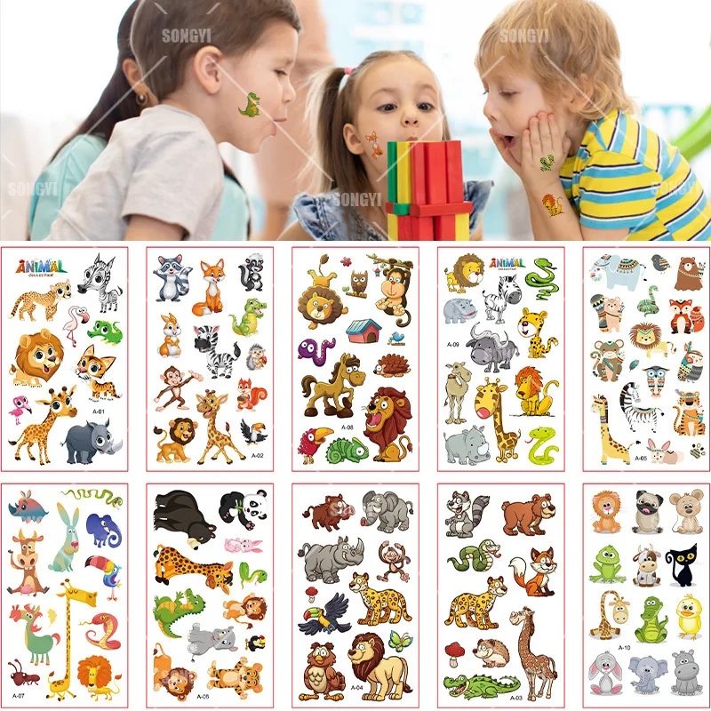 10 Sheets/Set Animal Temporary Tattoo Stickers Lion Giraffe Elephant Rabbit Baby Shower Kids Gift Body Makeup Sticker Tattoos