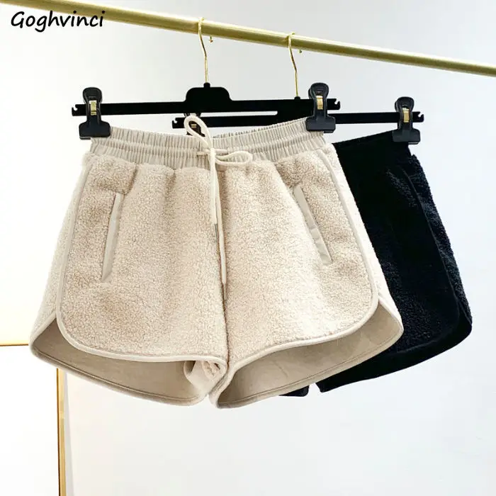 Autumn Chic Fleece Shorts Women Fashion Solid Simple Loose Leisure Drawstring Young Popular All-match Warm Soft Trousers Girls