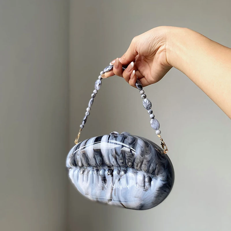 

Women Evening Bag Lady Pearl Dark Blue Shell Acrylic Box Clutch Purse Woman Crossbody Bag For Wedding Party Chain Shoulder Bags