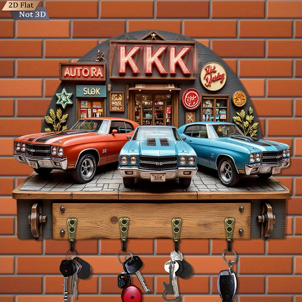 2D Flat, 1pc, -shaped Wooden Multi-functional Home Key Rack, with Four Metal Hooks, Wall Decoration, Porch Decoration, Room