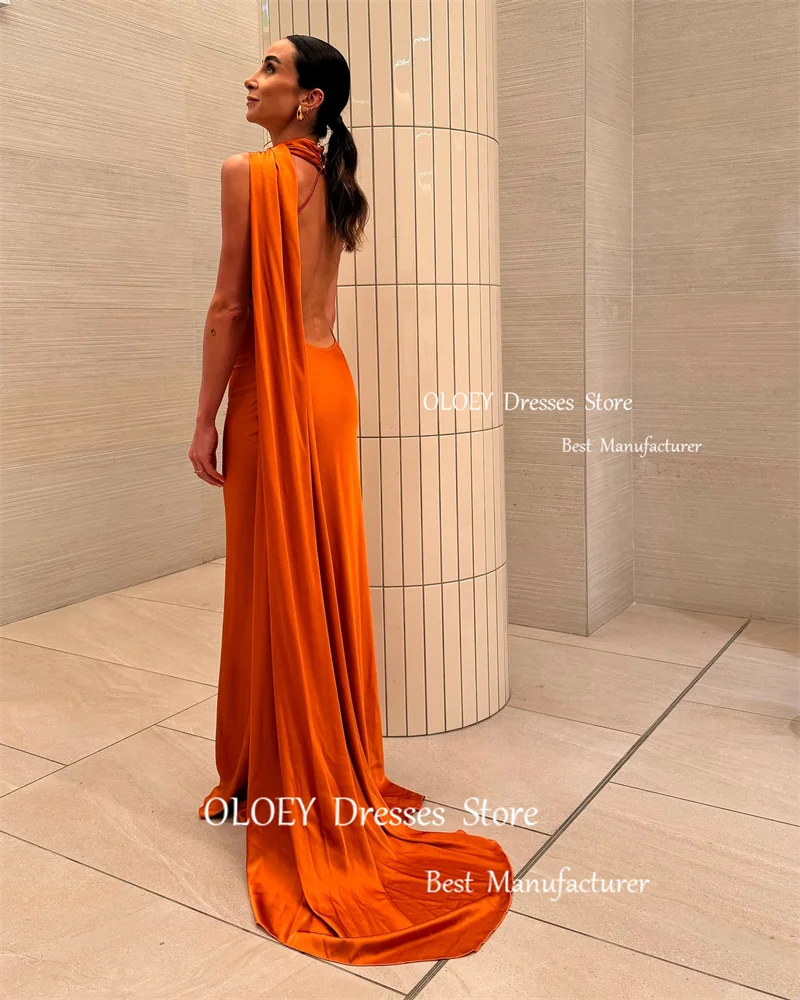 OLOEY Simple Silk Burnt Orange Mermaid Evening Party Dresses Arabic Women Scalf Floor Length Prom Gown Formal Occasion Dress