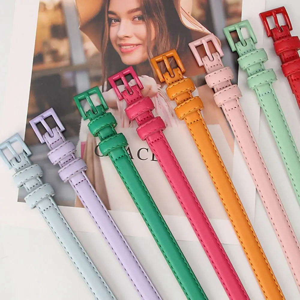클래식 우아한 캔디 컬러 벨트 Pu 가죽 빈티지 얇은 허리 벨트 조정 가능한 스퀘어 버클 드레스 허리띠 매일