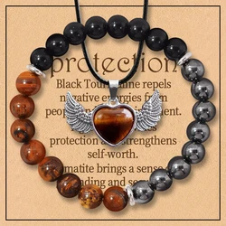 2pcs/set Triple Protection Bracelet and Angel Necklace: Tiger Eye, Black Obsidian, & Hematite 8mm Round Protection Crystals (Gem