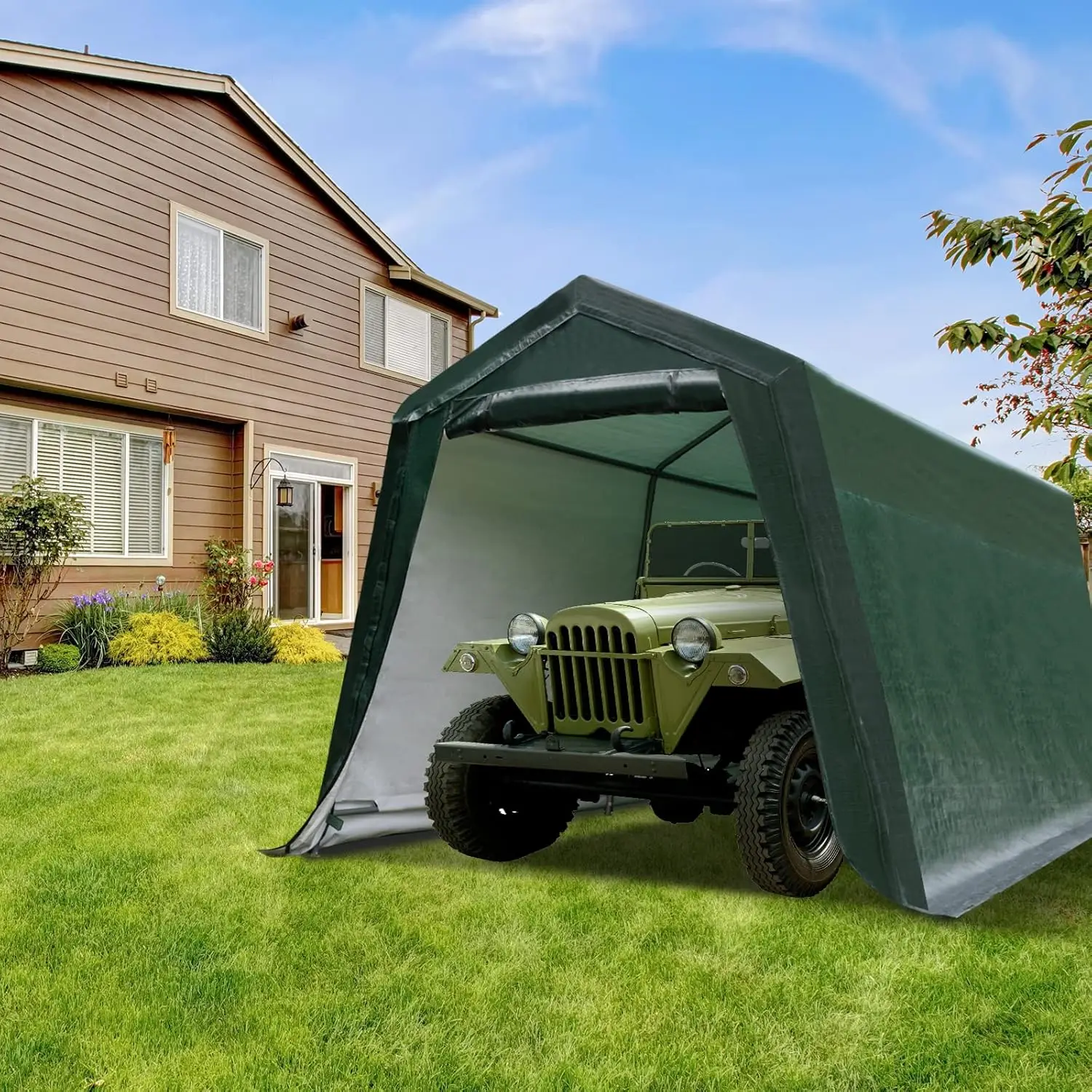 8 Ft X 14 Ft Outdoor Carport Patio Storage Shelter Metal Frame And Waterproof Ripstop Cover For Motorcycle And Atv Car