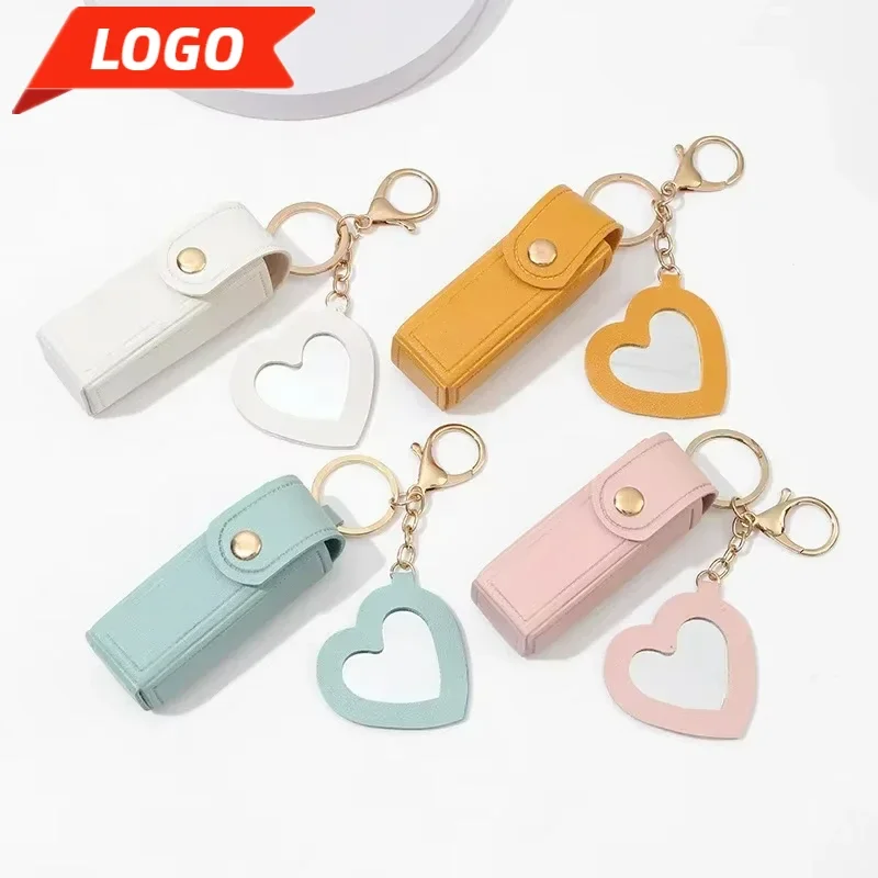 Laser Engrave Heart Key Chain Ring Custom Logo Portable Mirror Lipstick Bag Leather Keychain for Women Personalize Name Keyring