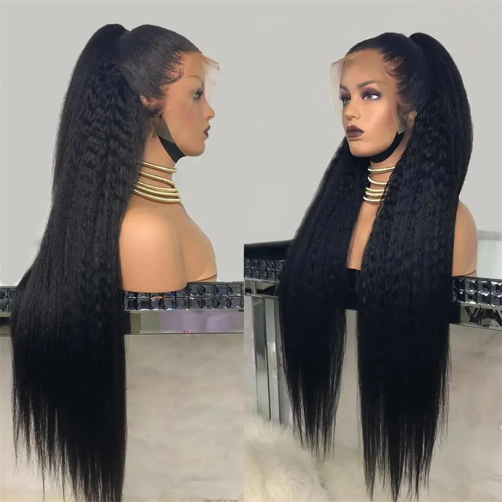 Natural Black 26“ Long Yaki Glueless 180Density Kinky Straight Lace Front Wig For Women BabyHair Preplucked Heat Resistant Daily