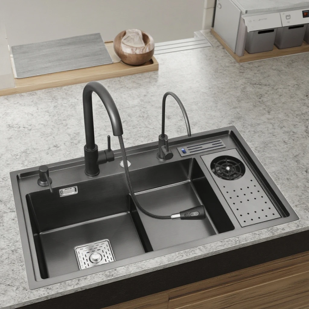 

YITE Premium 304 Stainless Steel Double Bowl High Pressure Waterfall LED Digital Anti Scratch Nano Complete Kitchen Sinks