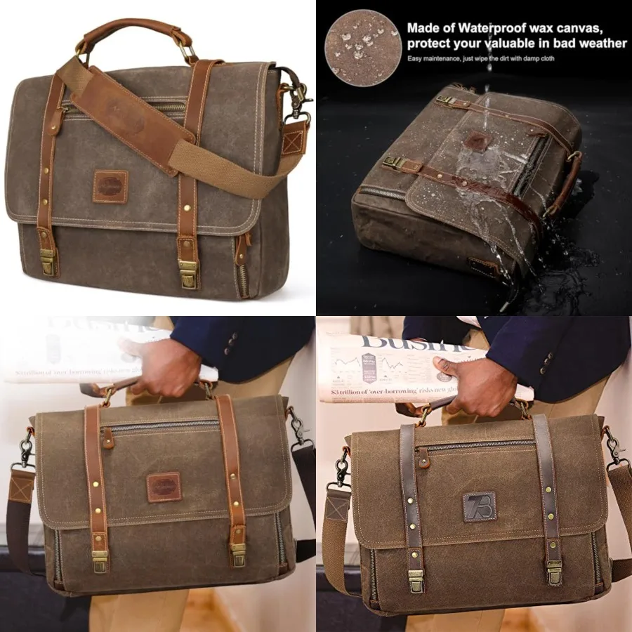 Laptop Messenger bag for Mens 15.6 Inch, Waterproof Vintage Genuine Leather Mens Briefcase shoulder bag 16 Storage Pockets, Wax