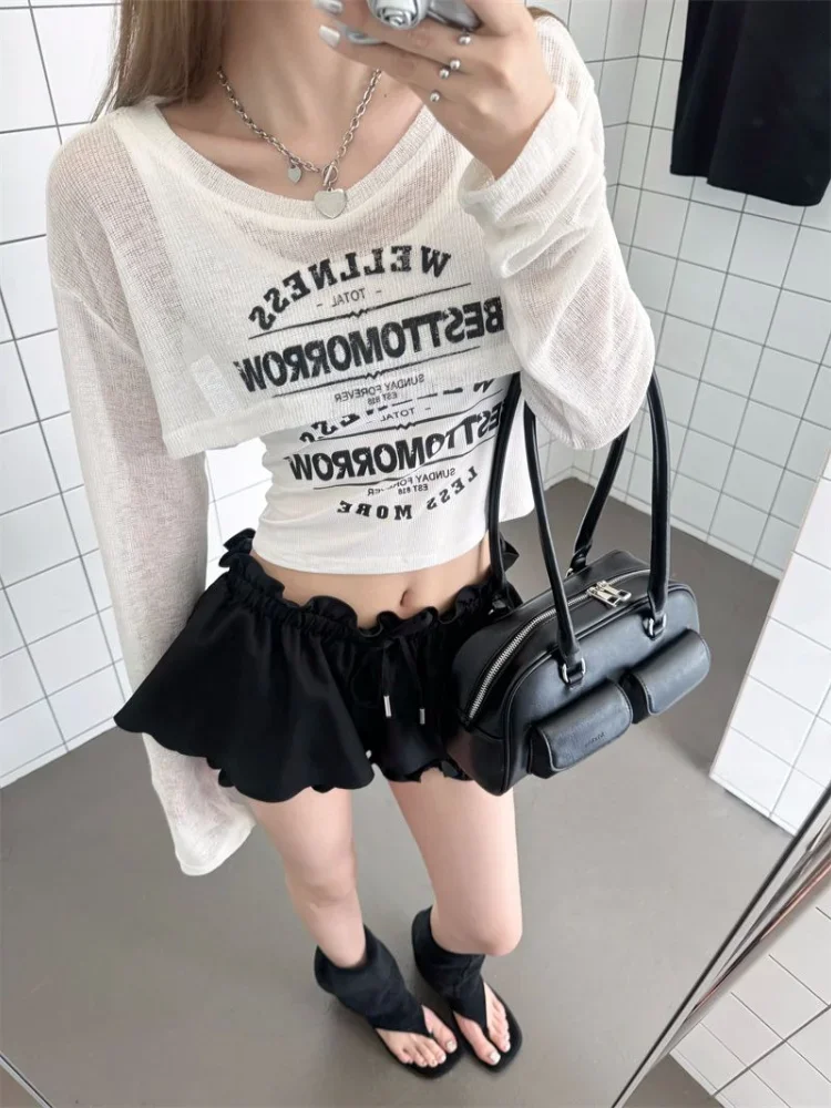 

ADAgirl High Street Letter Print Long Sleeve Cropped T-shirts for Women American Retro Summer Tank Top Aesthetics Two Piece Sets